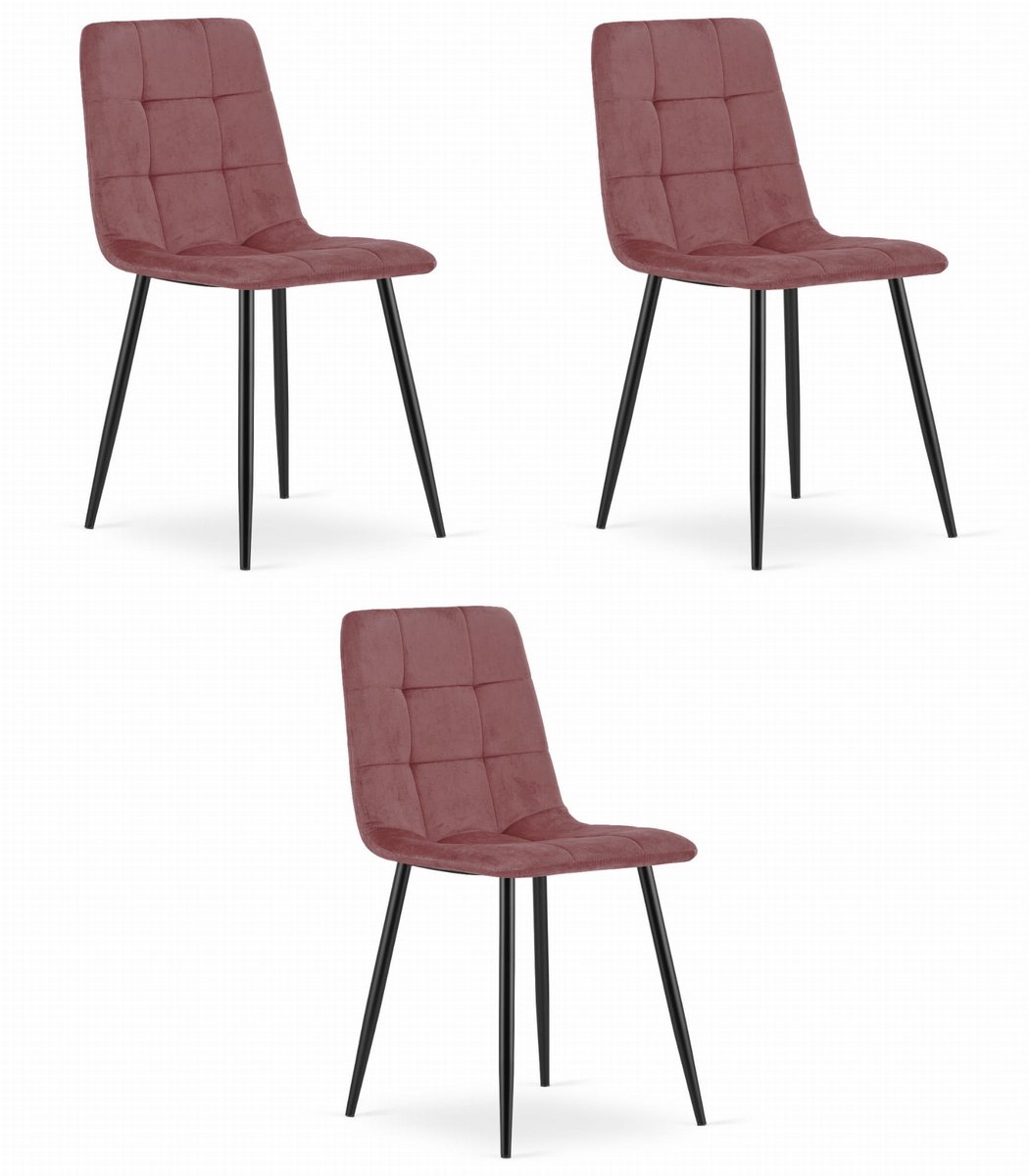 LEOBERT Set van 3 Eetkamerstoelen KARA Donkerroze – Velvet Bekleding, Ergonomisch Design, Zwarte Metalen Poten, Comfortabele Zitting, Max. 120 kg