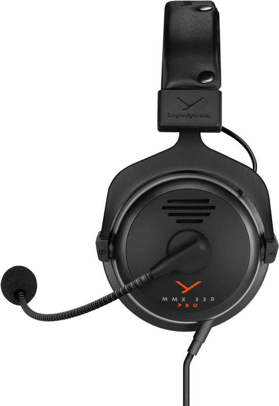 Zwarte Beyerdynamic MMX 330 PRO gaming headset met oranje logo en microfoon.