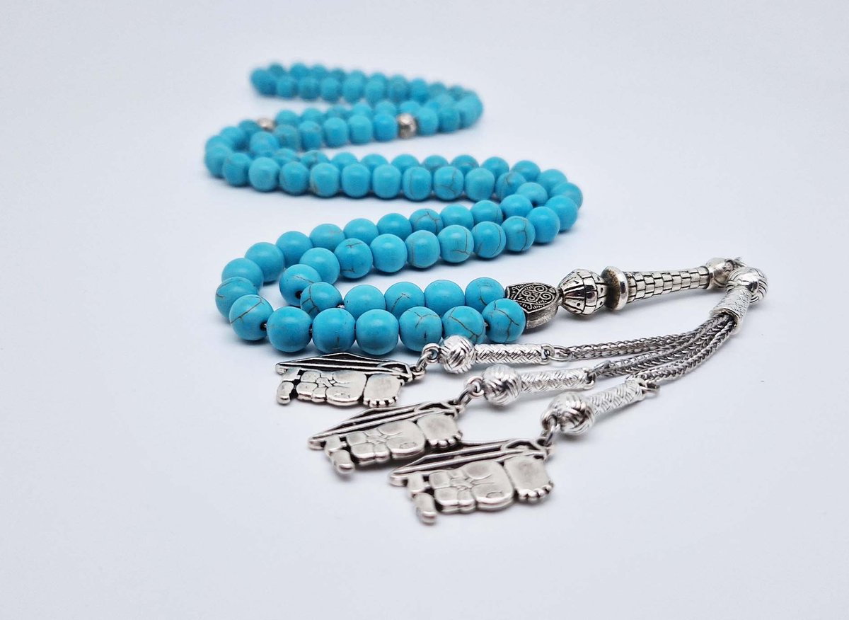 Handgemaakte tesbih "Tasbih" natuursteen "Turkoois" - Aantal kralen 99 - Diameter kralen 8MM - met metaal tassel "Hanzala" - Een mooi cadeau-idee