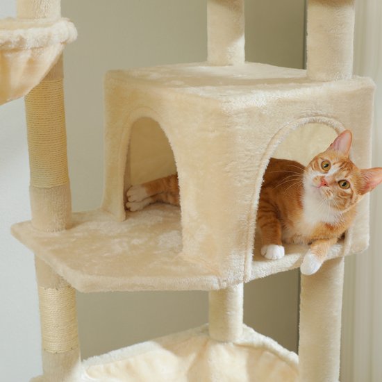 Oranje kat met witte poten en buik, rustend in een beige kattentoren.