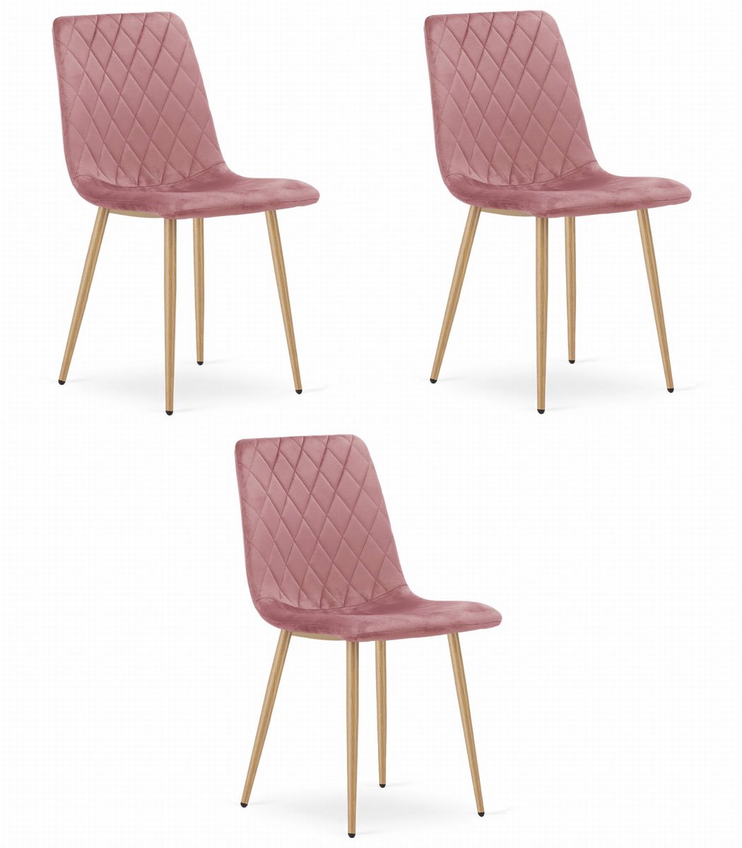 Set van 3 Eetkamerstoelen TURIN Donkerroze – Velvet Bekleding, Modern, Ergonomisch Design, Houtlook Metalen Poten, Max. 120 kg