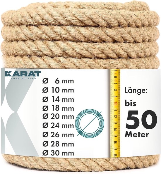 Corde de jute FLOORDIREKT Arnold - Produit naturel robuste en 100 % jute - Pour le Sport, les Hobby et l'artisanat - Diverse longueurs et résistances - ⌀ 26 mm - 20 m