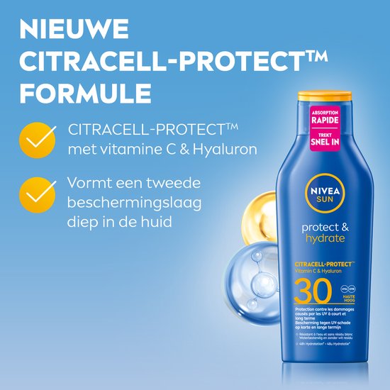 Blauwe NIVEA SUN fles met SPF 30, omringd door gele en zilveren bubbels, met tekst 'Nieuwe Citracell-Protect Formule'.