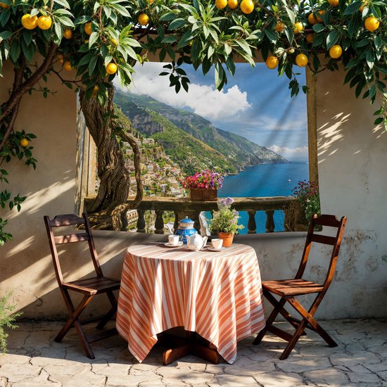 Ulticool - Vue Balcon Montagnes Mer Nature - Affiche Tapisserie - 200x150 cm - Groot tapisserie - Affiche Jardin Tapisserie