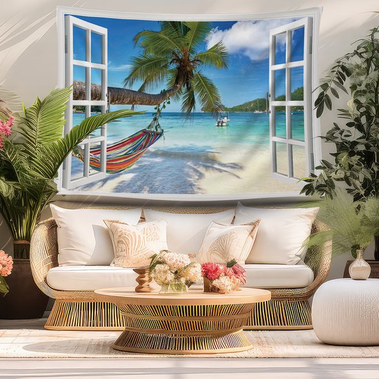 Ulticool View Beach Sea Palm Tree - Affiche Tapisserie - 200x150 cm - Groot tapisserie - Affiche Jardin Tapisserie