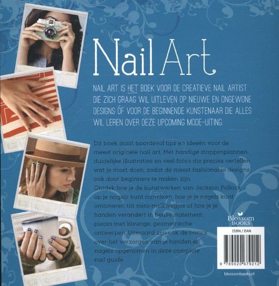 Cover van Nail Art boek met afbeeldingen van handen met diverse nail art. De titel 'Nail Art' staat centraal. Achter op de kaft staat tekst over het boek.