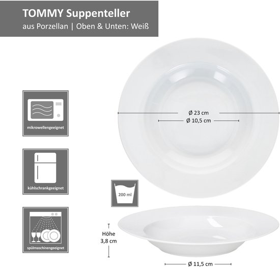 Witte porseleinen TOMMY soepkom met afmetingen: Ø 23 cm, 11,5 cm, 3,8 cm hoog, 200 ml inhoud. Vaatwasser-, magnetron- en koelkastbestendig.