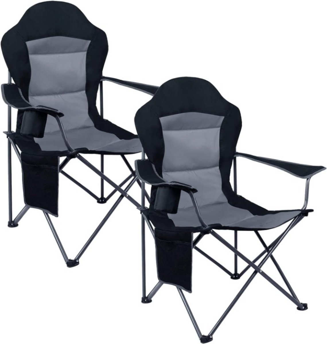 Campingstoel - Klapstoel - 2 Stuks - Inklapbaar - Opvouwbaar - Draagbare - Hoge Rugleuning - Gevoerde - Comfortabel Kussen - voor Camping - Tuin - Balkon - Strand - Vis - 56x62x109cm - Zwart & Grijs
