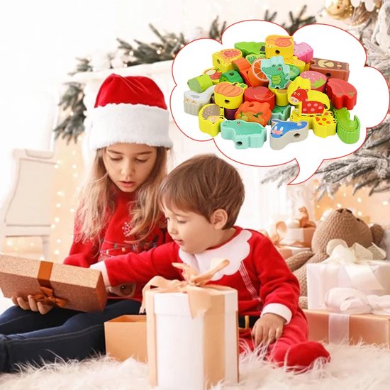 Speelgoed voor 2-jarige Meisjes en Jongens - Houten Montessori Rijgkralen – Educatief Speelgoed - Dieren, Fruit en Groenten - Cadeaus voor Kinderen van 2, 3 en 4 Jaar - Rijgspeelgoed voor Peuters - Kralen Sensory Rijgen