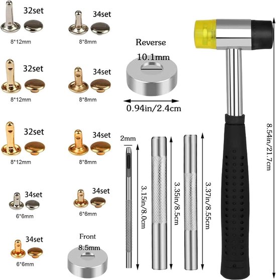 Set de rivets 300 pièces - Rivets métal cuir - Double capuchon - Pince à rivets - Pince à trous - Rivets creux 8 mm 6 mm - Cuir et habillement - 3 outils