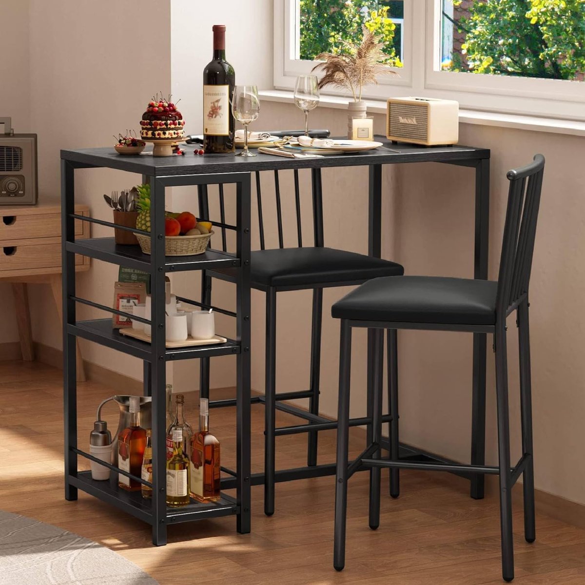 Bealife TB51 Bartafel - 2 beklede stoelen - 90 x 50 x 90 cm - Zwart