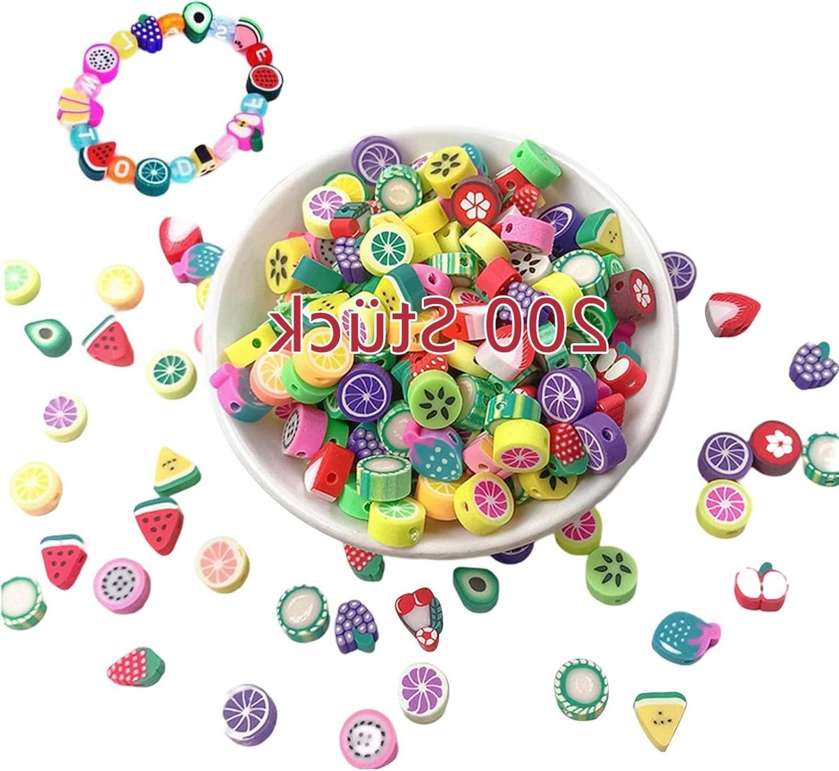 Fruitkralen om te rijgen - zachte polymeerklei en keramische kralen - 200 stuks