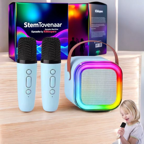 Klikkopers® - StemTovenaar Karaoke Set - Karaoke Machine met 2 Draadloze Microfoons - Voor Volwassenen en Kinderen - Bluetooth - LED - Blauw - Bluetooth Speaker - Karaoke machine — afbeelding 2