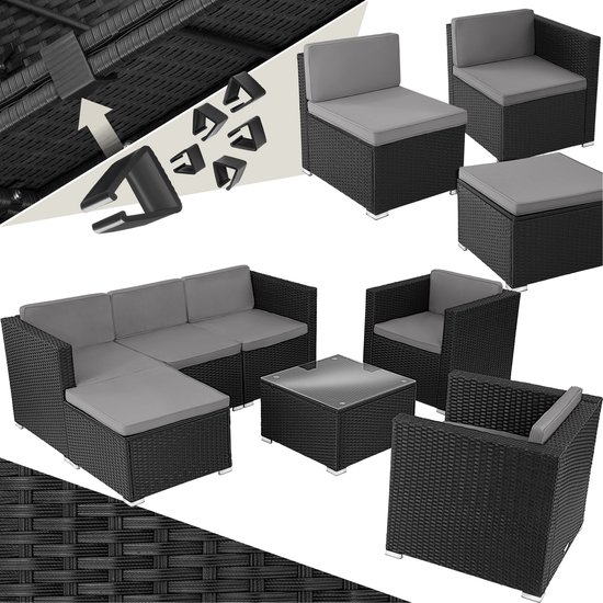 tectake® wicker Loungeset, buitenzitgroep, set met bank, 2 fauteuils, kruk, tafel, vrij combineerbaar, tuinmeubelen voor 5-6 personen, voor tuin, terras, balkon, inclusief kussens - zwart - poly-rattan