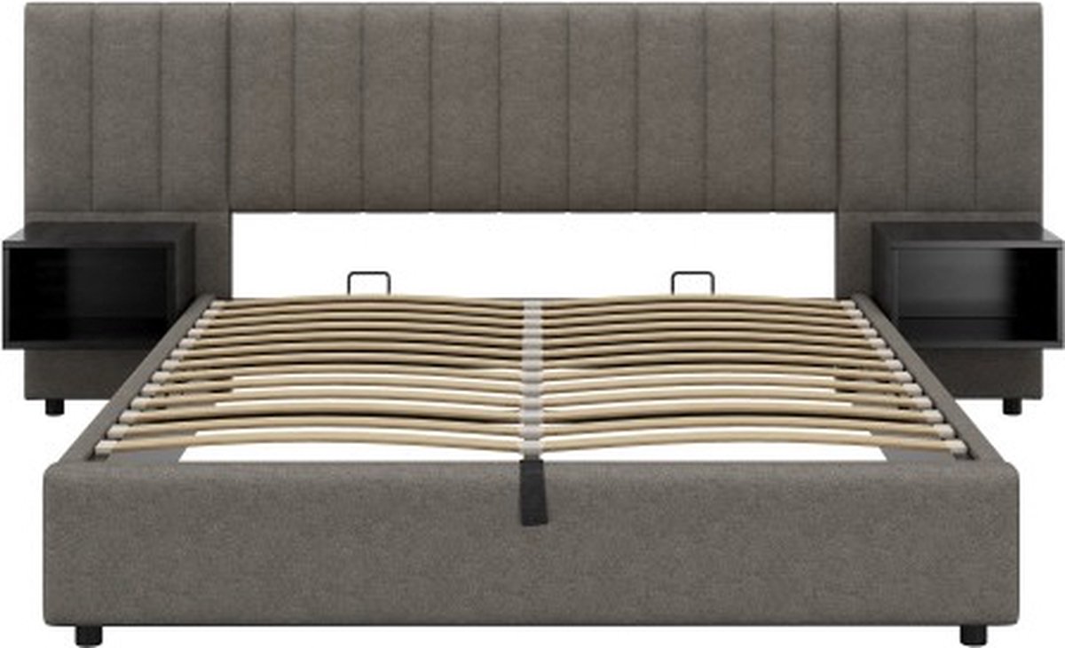 Gotagee Gestoffeerd bed 160x200cm hydraulisch breed oorbed (zonder matras) linnengrijs met zwarte nachtkastjes opbergbed volwassenbed jeugdbed