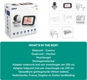 Doos van Alecto babyfoon met afbeeldingen van camera, monitor, adapter en montage materiaal.