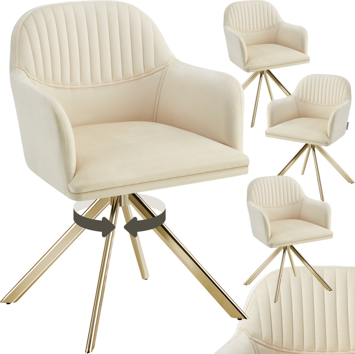 Tectake Fluwelen draaistoel - Bureaustoel - Eetkamerstoel met armleuningen - Fluwelen bureaustoel, keukenstoel, woonkamerstoel - 56 x 59 x 81 cm - Set van 4 - Creme/goud