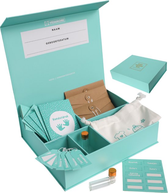 Baby Memory Box – Kraamcadeau Jongen en Meisje - Herinneringsdoos, Babyshower Cadeau - Unisex Geschenkset Mint Groen