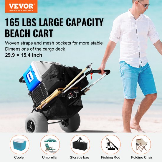 VEVOR Strandwagen, Opvouwbare Zandkar Van Aluminium, 685 Tot 1135 Mm, In Hoogte Verstelbaar,Strandspecifieke Ballonwielen, ,Voor Strandtrips, Vissen, Kamperen En Tuinieren. — afbeelding 5