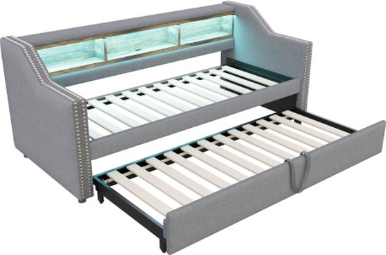 Gestoffeerd bed 90 x 200 cm met 2 laden, rugleuning en armleuningen, bekleed met kunstleer, roze