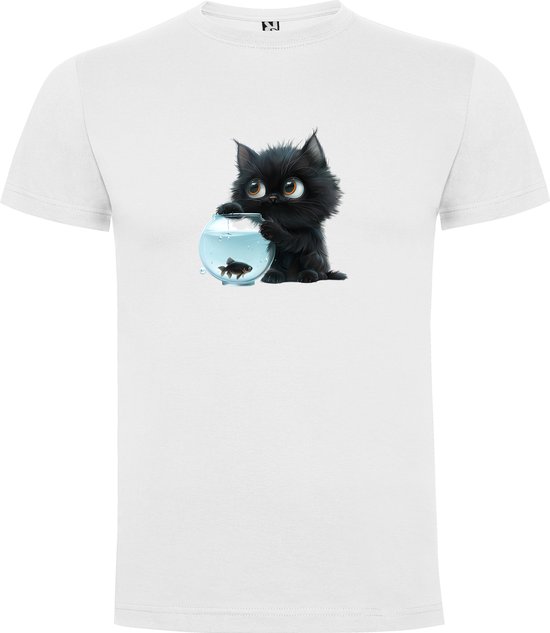 T-shirt Wit avec imprimé « Le chat noir et le bocal à poissons – Humour» en couleur Taille XL