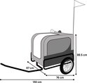 Diagram van een fietskar met afmetingen: 130 cm lang, 76 cm breed en 88,5 cm hoog.