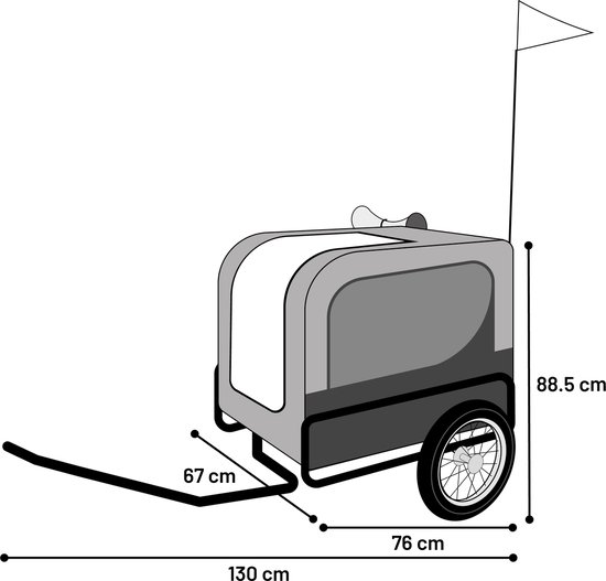 Diagram van een fietskar met afmetingen: 130 cm lang, 76 cm breed en 88,5 cm hoog.