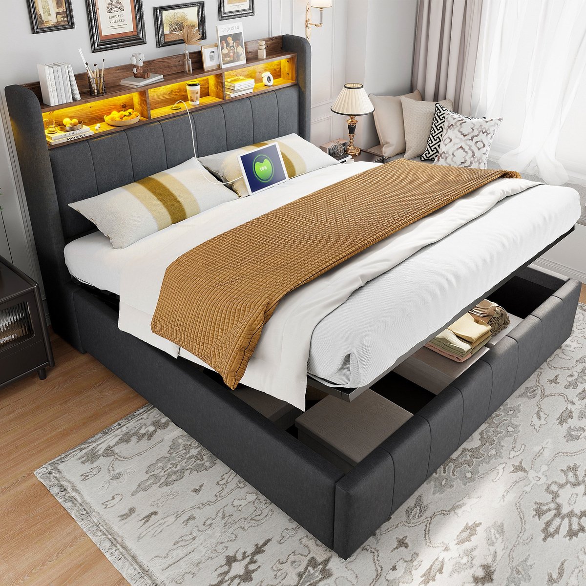 Sweiko Tweepersoonsbed 160*200 cm LED-verlichting + USB-aansluiting Opbergruimte Zonder matras Grijs