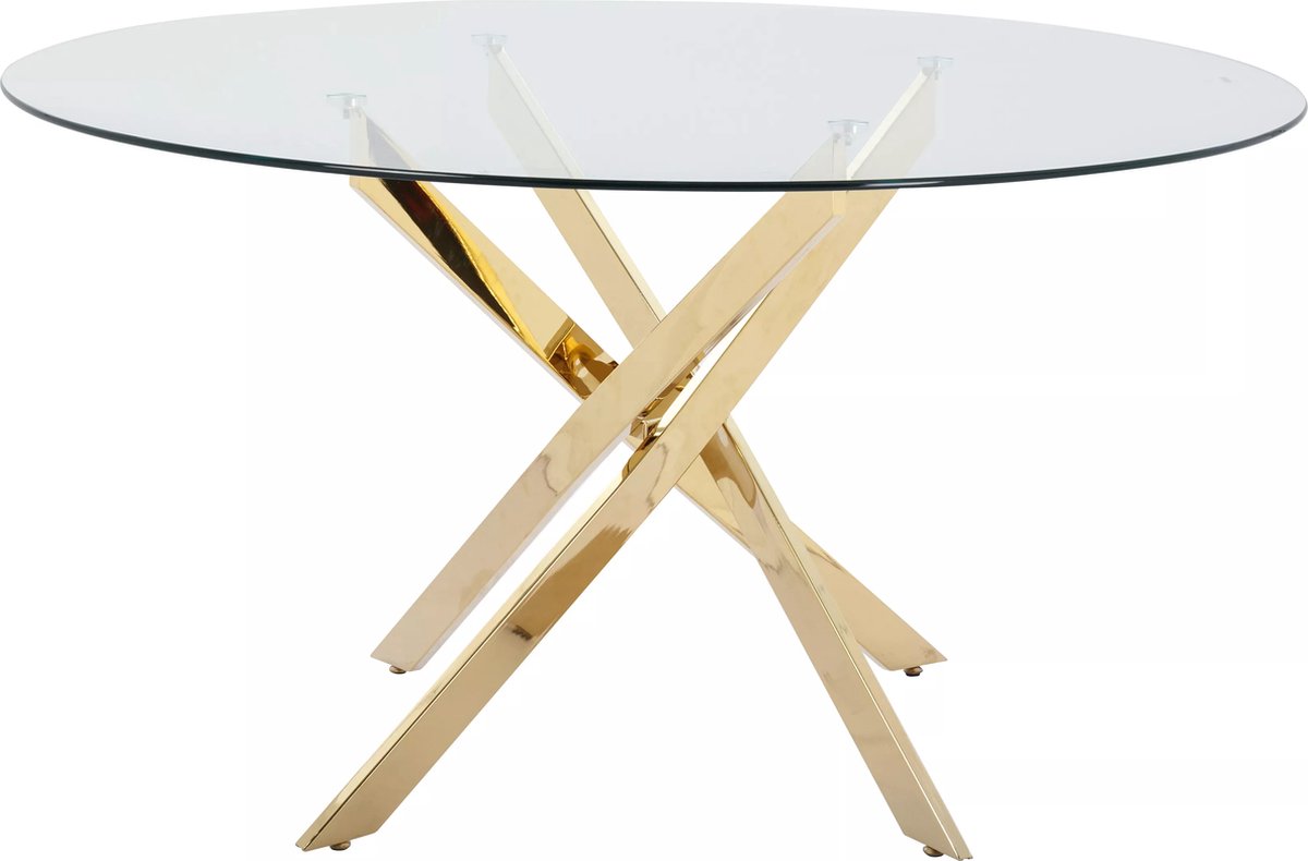 Vente-unique Ronde eettafel - 4 personen - Gehard glas en goudkleurig metaal - Transparant - COSIMA