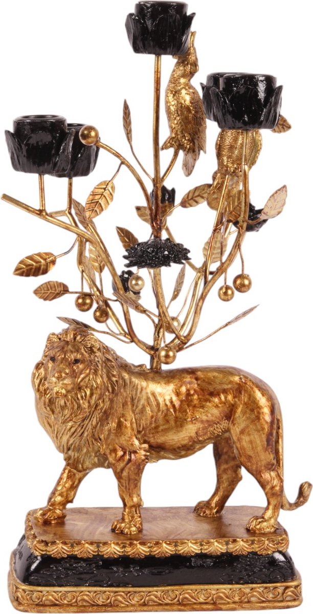 Baroque Kandelaar - Kandelaar Leeuw 36 cm - Goud - Resin - 36x18x18 - Polyresin Brown
