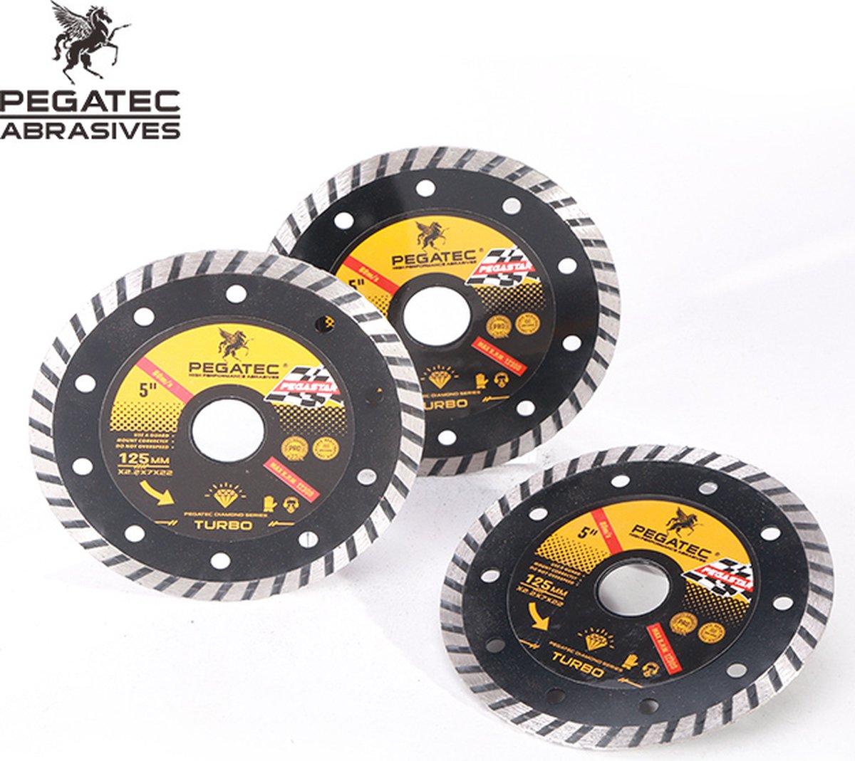 Pegatec High Performance – Set Diamantschijven – 2x Diamantschijf Turbo – 2x Diamantschijf Gesegmenteerd – 1x Diamant Komschijf met Dubbele Rij - Droog/Nat - 125mm - Asgat 22,2mm - Voor Haakse Slijper/Slijptol
