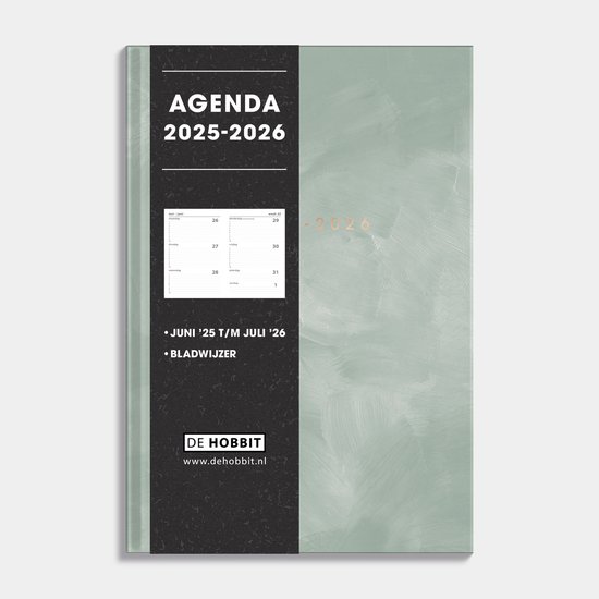 Hobbit - Schoolagenda 2025-2026 - 1 week op 2 pagina's - Harde kaft - A5 (14 x 20,5 cm) - Verfstructuur Groen