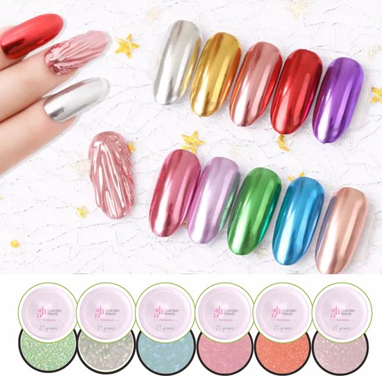 Poudres à ongles effet miroir dans des couleurs métalliques variées : rouge, argent, or, rose, violet, vert, bleu et cuivre.