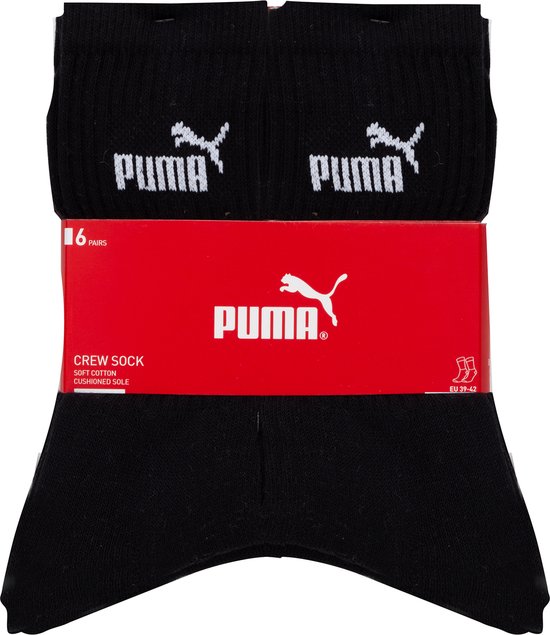 Zwarte Puma crew sokken in een verpakking van 16 paar. Met Puma logo op de zijkant en de verpakking.