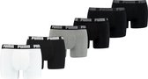 Zes Puma boxershorts in wit, zwart en grijs met Puma logo op de tailleband.