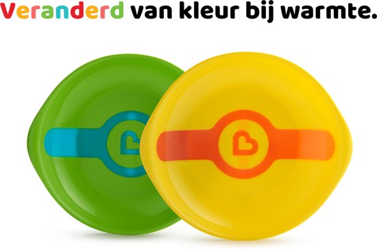 Twee Munchkin bordjes, één groen en één geel, met 'Veranderd van kleur bij warmte' tekst.