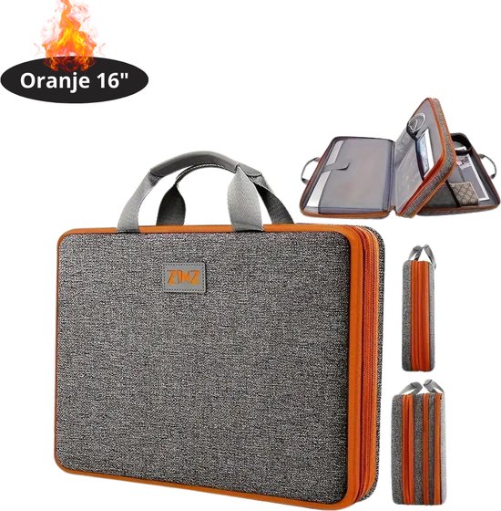 Livano Sacoche pour ordinateur portable antichoc - Housse pour ordinateur portable - Sac à dos - Sac à bandoulière - Housse pour ordinateur portable - Sac de bureau - Femme et homme - 16 pouces - Gris foncé / Oranje