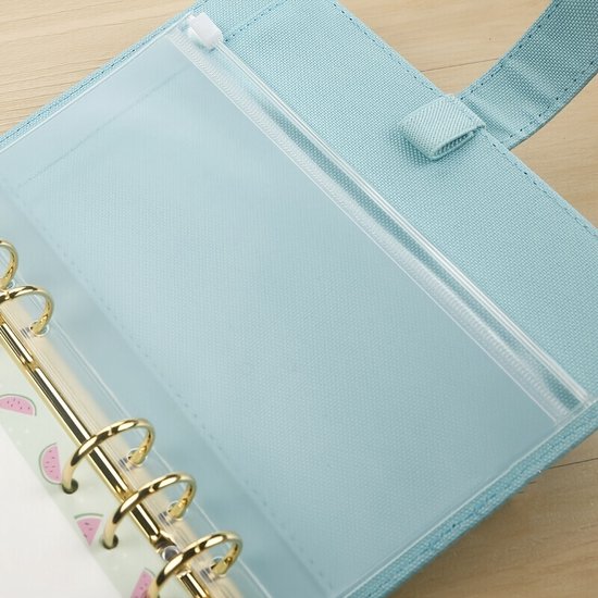 Lichtblauwe binderhoes met een transparant ritsvak met watermeloenprint erin.