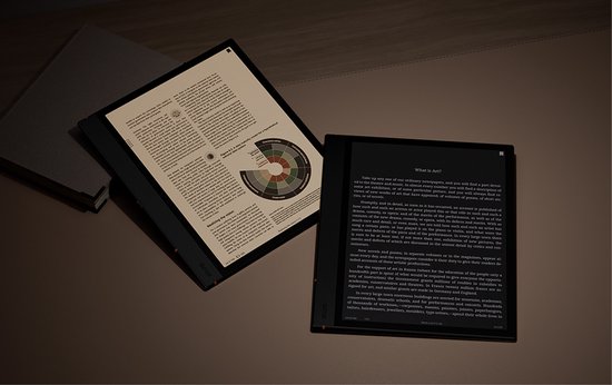 Twee e-paper apparaten op een tafel. Eén toont een tekstpagina, de andere een artikel met de titel 'What is Art?'.