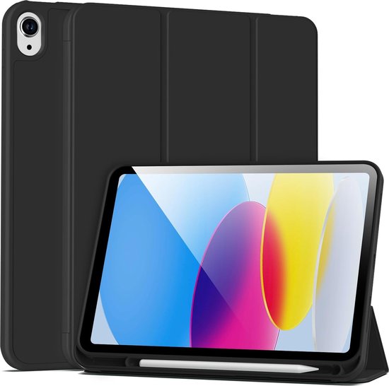 Zwarte hoes voor iPad 10e generatie met standaard en potloodhouder.
