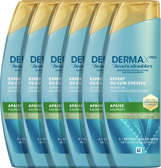 Six bouteilles de shampooing DermaX Pro avec extrait d'aloès et complexe de céramide.