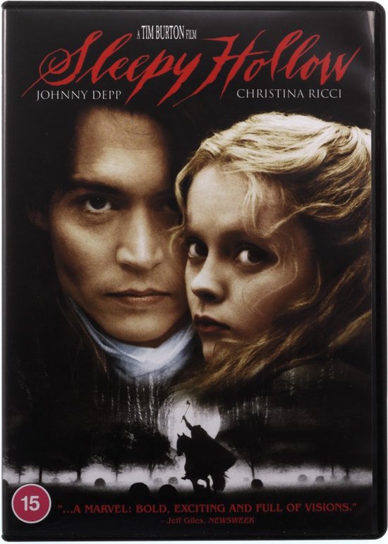 Voorkant van de DVD-hoes van Sleepy Hollow. Close-up van Johnny Depp en Christina Ricci. Een ruiter te paard silhouette onderaan.