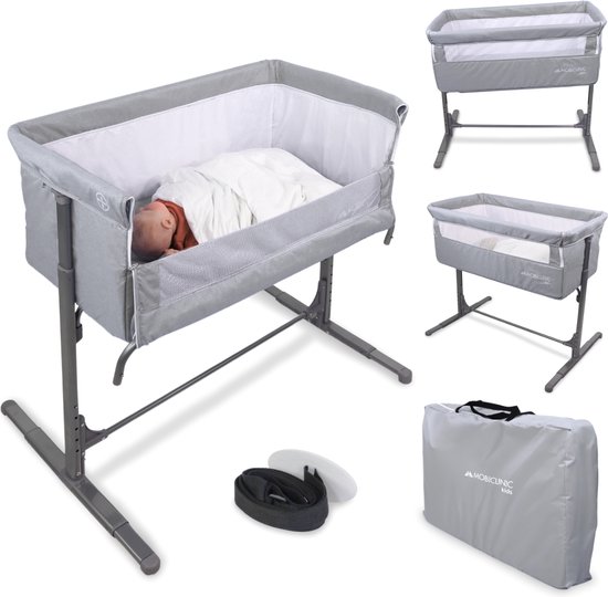 Mobiclinic Moon - Co-sleeper - 3 verstelbare hoogtes - Meegroeibed - Wip - Met matras - Wielen 360º - Campingbedje - Baby bed - Peuterbed - Wieg - Grijs
