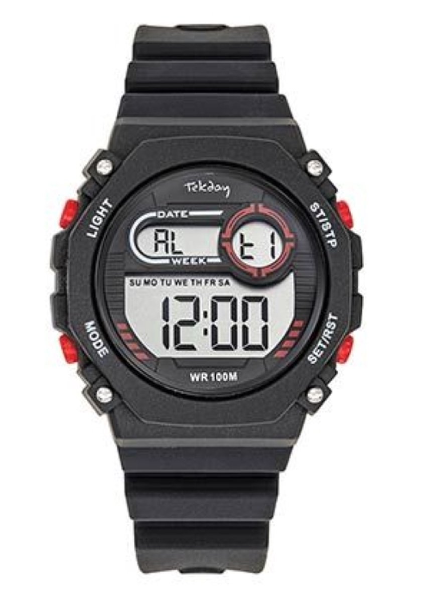 Tekday-Horloge-Digitaal-Tiener-38MM-Alarm-Timer-Stopwatch-10ATM waterdicht-Silicone band-Zwart-Rood