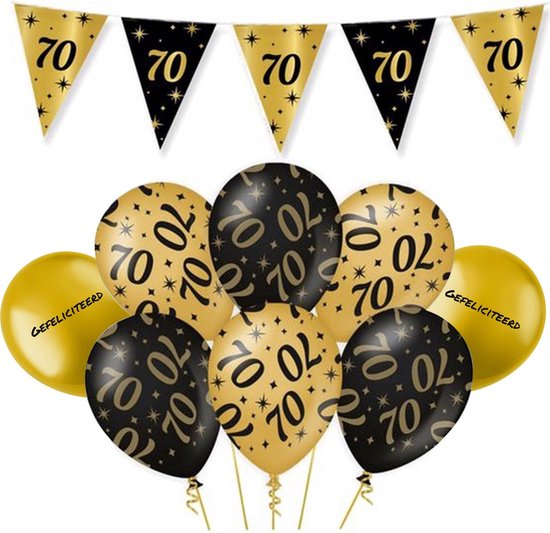 70 Jaar Feest Verjaardag Versiering Ballonnen Slingers Gefeliciteerd Goud & Zwart Decoratie – 9-delig