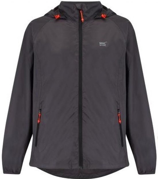 Veste gris foncé 'Mac in a Sac Origin' avec capuche, détails de fermeture éclair orange.