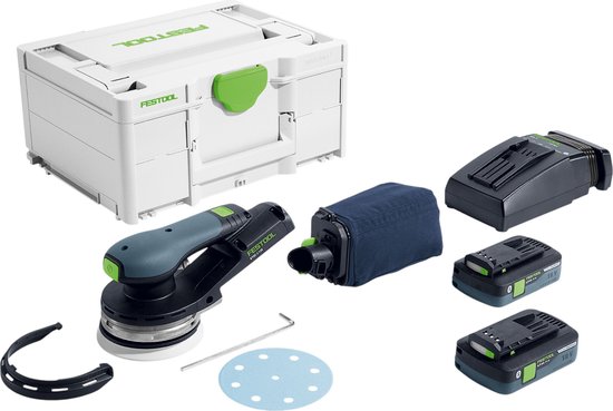 Festool ETSC 2 125 accubox, schuurmachine, accessoires en twee accu's.