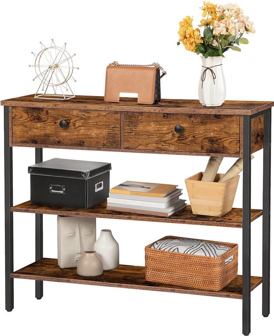 LVB Boerderij Industriële Consoletafel, Houten Metalen Foyer Entryway Sofa Tafels met Opslag, 3 Tier Lange Rustieke Entry Tafel Tv-standaard met Planken voor Thuis Woonkamer Hal, Lichtgrijs Eiken