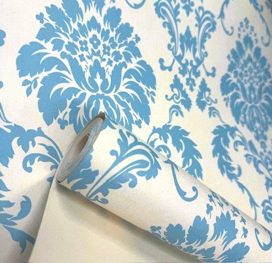 Barok behang blauw zilver - Vliesbehang met Patroonbehang - glanzend