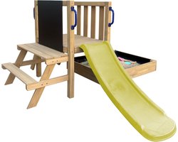 AXI Leah Mini Speeltoren met Zandbak en Picknicktafel –Limoen groene Glijbaan – Met Krijtbord – FSC hout – Klein speeltoestel voor de tuin / buiten